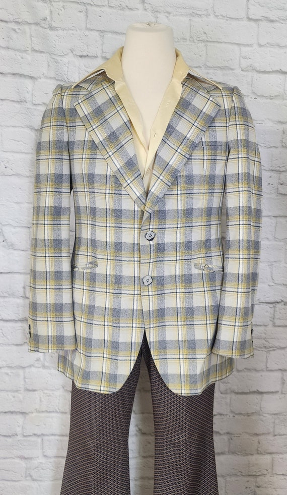 Mens 70s Disco Blazer Suit Jacket Menswear Large collar Yellow Blue Plaid polyester