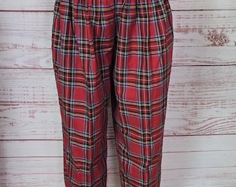 80s Pants Wide Waist Tapered Leg, Trousers Plaid Red Black Punk