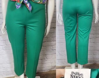 70s Pants high waist elastic waist kelly green Poly Knit Straight Leg