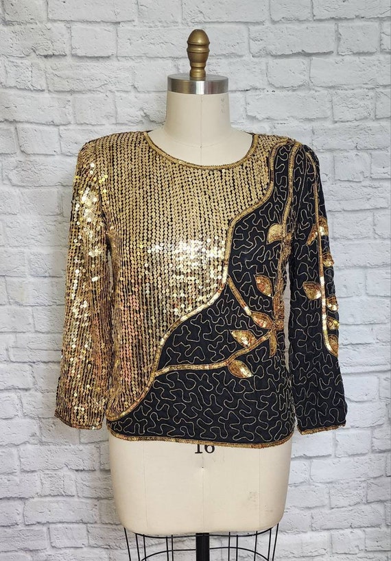 80s Silk Blouse, Beaded Sequin Shirt, embellished… - image 7