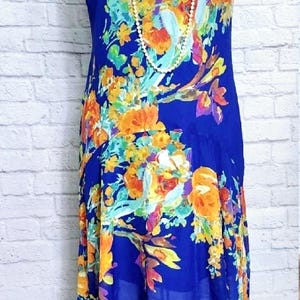 Y2k Dress, Plus Size 18, Royal Blue Floral Chiffon, Asymetrical Hem, Flapper Gatsby, 1920s 20s, Drop Waist Shift