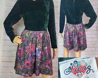 1980s Party Dress Green Velvet brocade floral Skirt 80s Size Medium