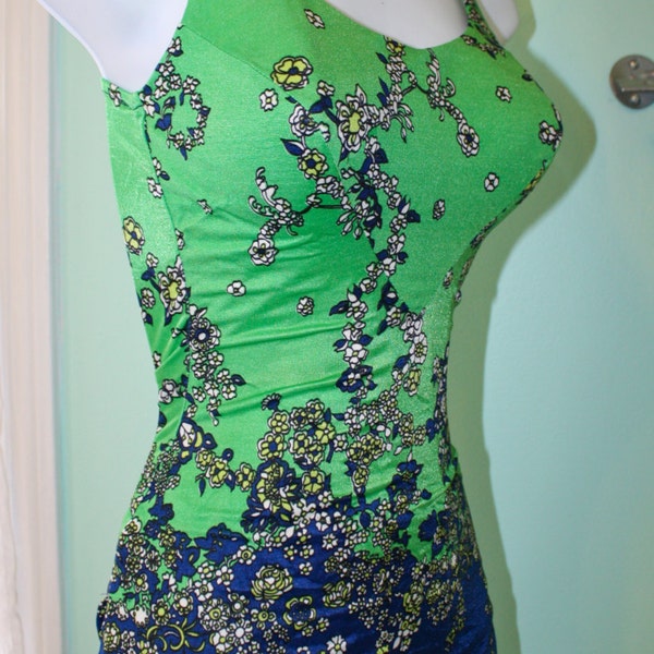 Sexy VIntage 1960s Pinup Swimsuit- One Piece- Blue Green Spandex- Size 12/34 B/C