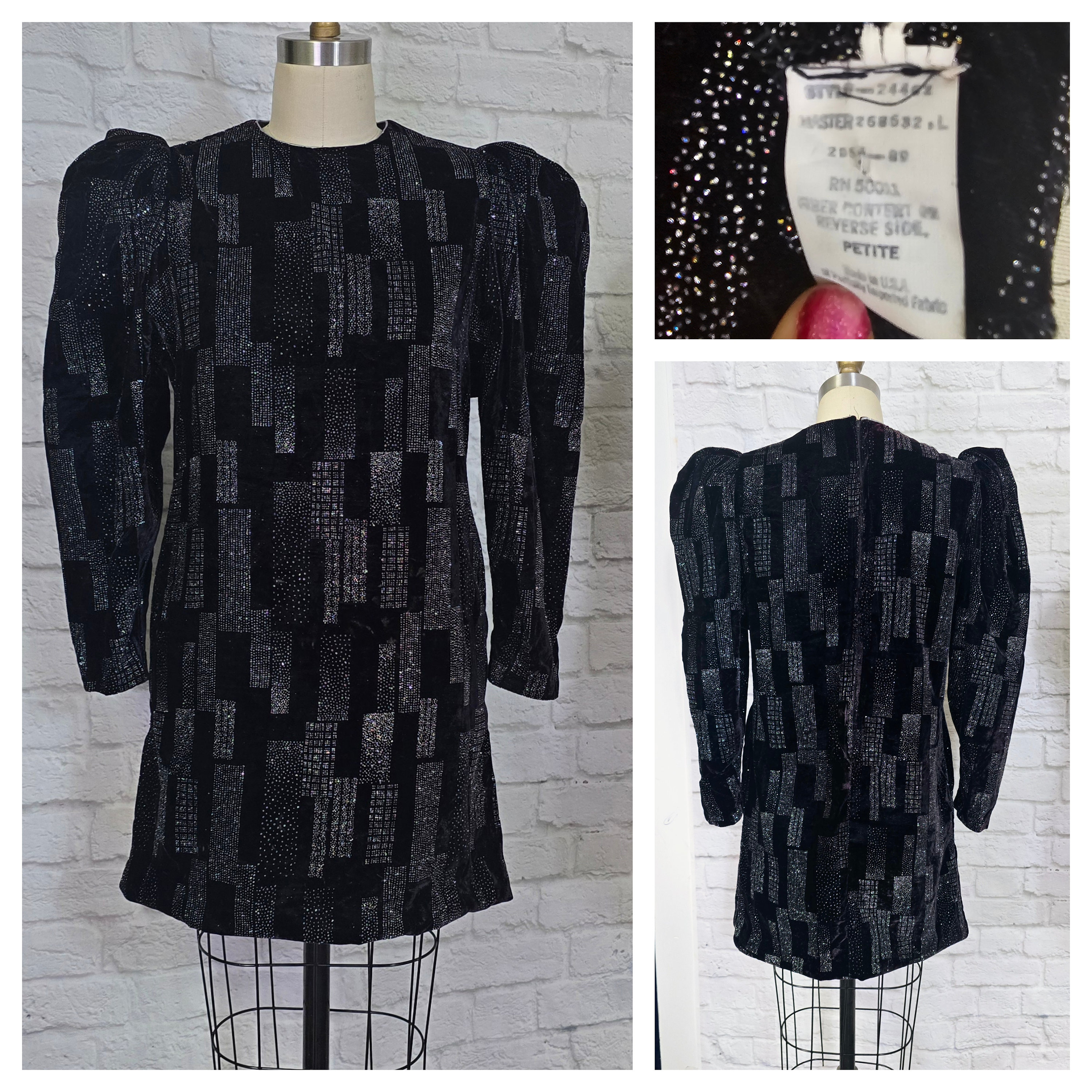 Mini robe années 80, robe colonne en velours noir pailleté Patchwork pailleté manches bouffantes imprimées Taille moyenne