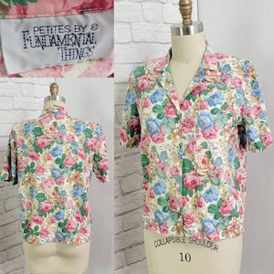 80s/90s Floral Blouse, button front top, collared Shirt, Pink Green Short Sleeve Casual  Camp Overshirt Size large vintage retro blouse