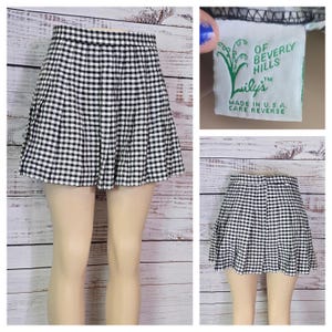 90s Black White Gingham pleated mini tennis skirt, checker tablecloth plaid, summer goth high waist