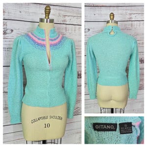 80er Jahre Pullover, pastellfarbener Half-Zip, blau pink lila, Puffärmel, Soft Girl kawaii, Acryl, S/M