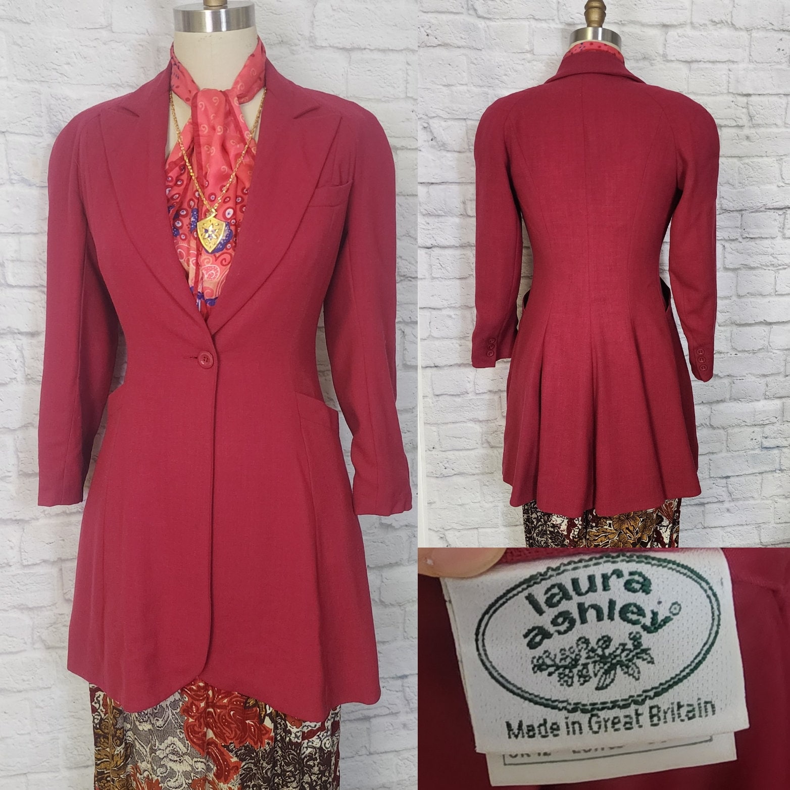 90s blazer princess coat fit flare berry burgundy crepe Wool duster 1900s victorian vibes fitted cinched waist Laura Ashley