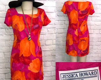 M/L 90s Dress Bright Tulip Print Mini Wiggle Body Con Wedding Guest Short Sleeves