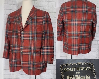 Sz 47 Mens 70s Plaid Blazer, red gray wool Suit Jacket  Menswear dark Academia professor vibes