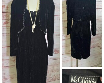90s Velvet Mini dress with Bolero Jacket, beaded fringe whimsigoth Gothic Grunge pencil skirt