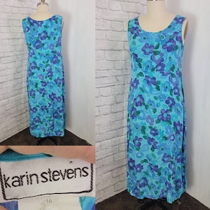 16 Plus Size 90s 00s y2k Crinkle Rayon Sundress Aqua Blue Floral 90s empire waist comfortable minimalist dress