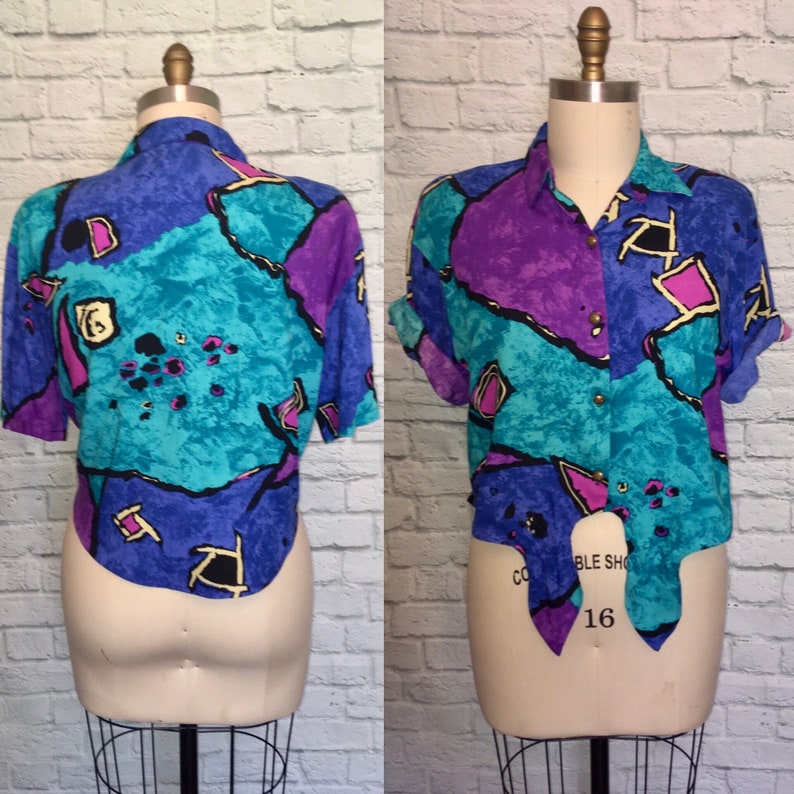 90s Rayon Top Tie Front Abstract Print Blouse Shirt Short Sleeves size Large 12