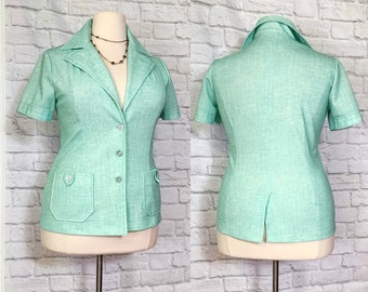 70s Plus Size Mint Green Blazer Short Sleeve Shacket Shirt XL/1XL vintage retro blouse