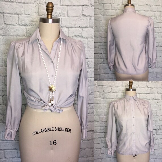 70s Secretary Shirt soft Grey Gray Top Collar Butt