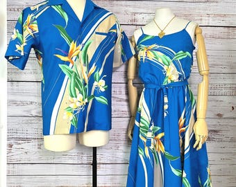 70s Honeymoon Set, 2pc Outfit Set Dress Shirt, His Hers Matching,  Blue  sundress and Hawaiian shirt