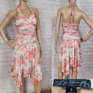 Y2K halter Party Dress Coral floral mesh hanky hem rouched dropwaist 2000s Size S