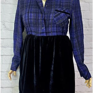90s Plaid and velvet babydoll mini dress Cozy comfortable maxi dress Shirwaist Long sleeves purple black blue