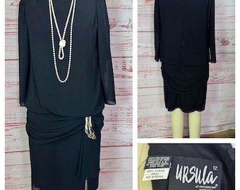80s does 20s Dress, Black crepe Long Sleeve, Goth mystery party costume