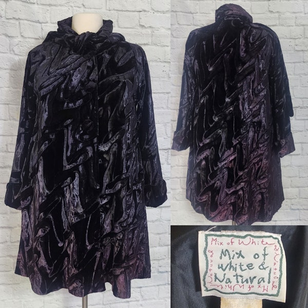 Black Purple Crushed Velvet Swing Coat 80s does 50s  Flare Cuffed Sleeve XL