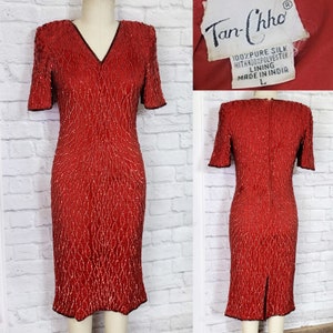 Beaded 80s Dress Red All over sequin dress silk - Cocktail Christmas Dress size S/M