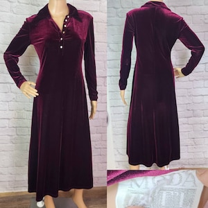 Small 90s wine shirt Dress Stretch Velvet A Line polo button tab collar Casual Winter 1990s  comfortable