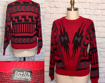 1980s Sweater, Pullover Jumper, Slouchy Oversized, 80s Black Red Grey acrylic faux wool, Western Southwest Blanket Print, Size Large