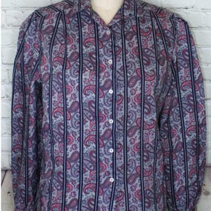 80s Paisley Stripe Blouse Top Shirt, button down purple blue Large professional shirt Secretary blouse vintage retro