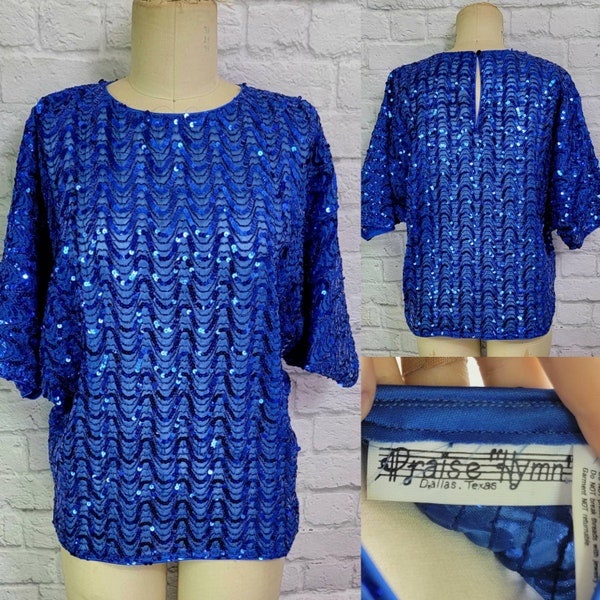 Vintage 80s Oversized Sequin Blouse Black Blue Green Purple 8 10