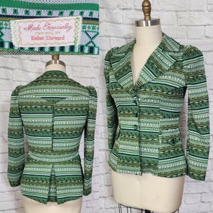 Vintage 1970s Green White Gold Stripe blazer large Disco Collar fitted Long Sleeves- Size M