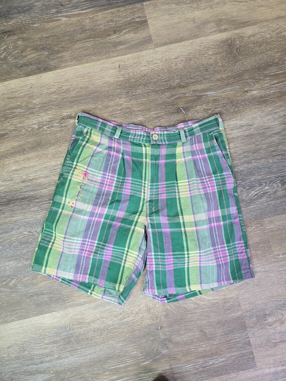 ま*な様 90s LANDS’ END Plaid 2-Tuck Shorts Plaid 90s Shorts, Green Pink, Colorful Cotton Print, Pleated,high