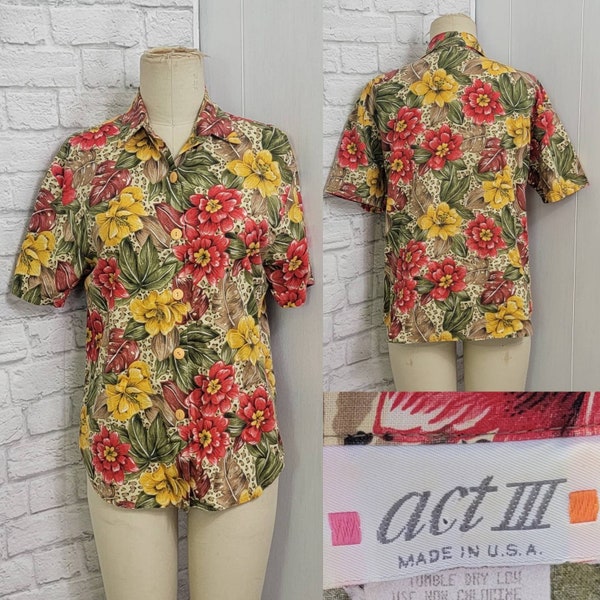 80s Button Front Blouse Elbow Sleeves Hawaiian Animal Print Hawaiian red yellow Multi Color Safari size Large vintage retro blouse