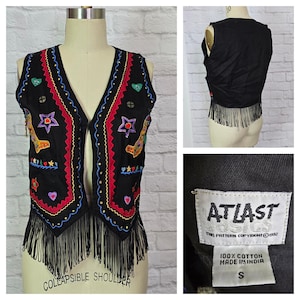 90s western Vest, fringe boot applique, detailing Waistcoat 1990s Small Medium Cowgirl western wear