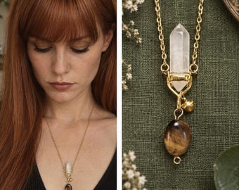 Delicate Magical Golden Crystal Quartz Pendant Necklace, Tigers Eye, Vintage Style Practically 90s, Witch cosplay necklace, 18K Gold Plated
