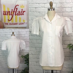 S/M 80s Vintage Nurse Uniform Blouse puff sleeves button front Uniflair