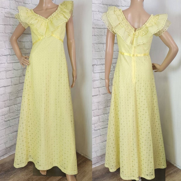 70s Brigerton style lemon yellow ruffle gown V neckline empire waist maxi prom bridesmaid style S/M