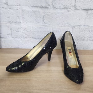 80s Black sequin high heel bridesmaid prom shoes womens Party Pinup