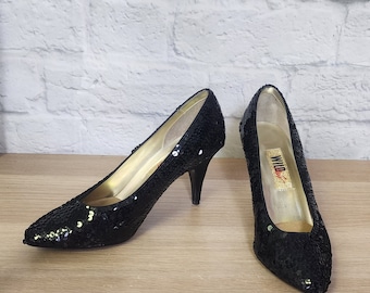 80s Black sequin high heel bridesmaid prom shoes womens Party Pinup