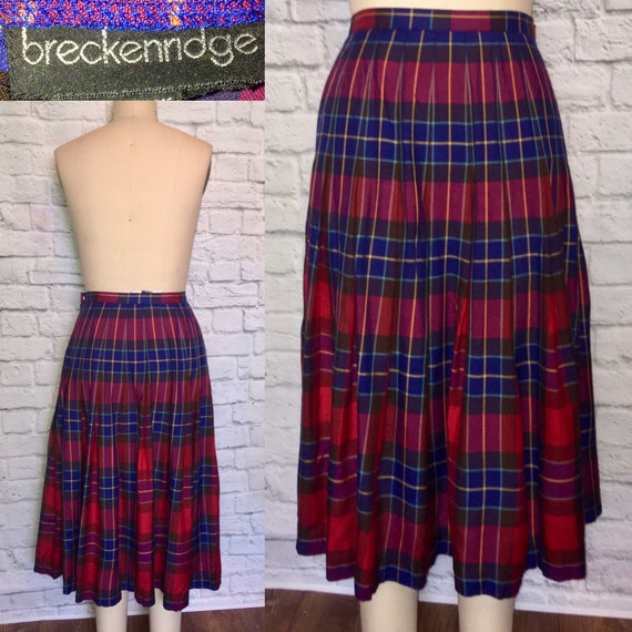 80s Skirt Tartan Plaid Midi Pink Royal Blue Red D… - image 1