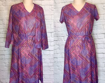 1970s Dress and jacket Set,  Short sleeves Purple Patchwork Print Mod Plus Size Volup 2pc-