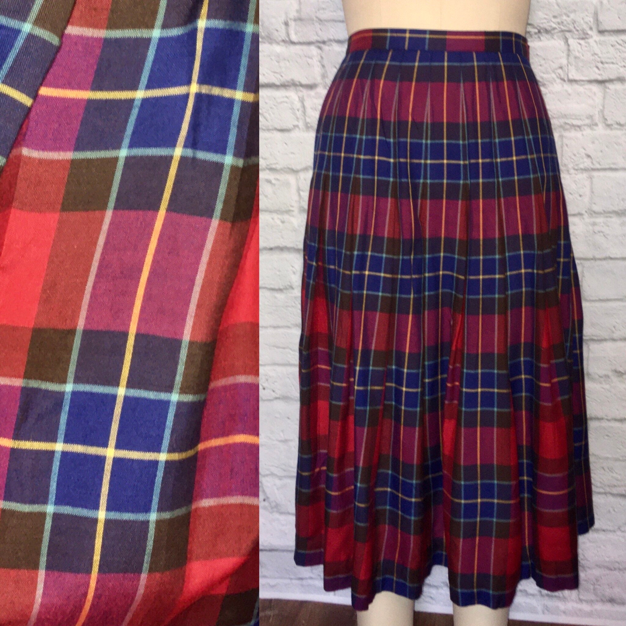 80s Skirt Tartan Plaid Midi Pink Royal Blue Red Dark Academia | Etsy