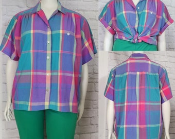 90s Bright colorful Check Plaid Cotton oversized  Shirt Blouse Short Sleeves size 24W