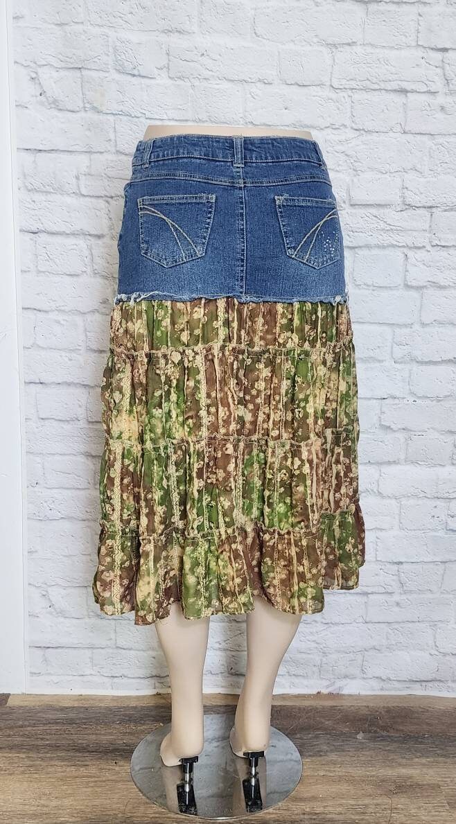 Y2k Skirt, Low/ Mid Rise Denim Hippie Ruffle Skirt Green Y2k Skirt, Low/ Mid Rise Denim Hippie Ruffle Skirt Green