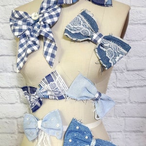 7 Fancy Denim Bow Pins,  assorted mix button pearl beaded ribbon Embellished shabby cottagecore shack Chic decorative pin on Coquette