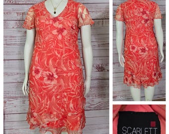 90s Y2K Bias Cut Slip Dress, Orange Coral pink floral, midi flounder hem, flutter sleeve Wedding Guest, L