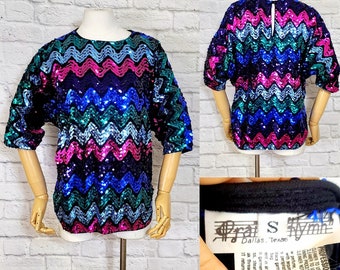 Camicetta scintillante anni '80, top da festa con paillettes multicolore a zigzag, anni '80, con perline e paillettes, taglia M.
