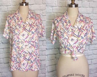 70s/80s Blouse,  Collared Plaid Shirt, Disco Party, Short Sleeves multi color print , Casual Vintage Retro Top