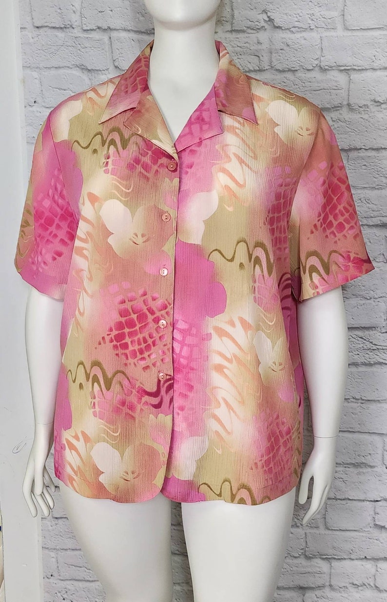 90s Plus Size Hot Pink Hawaiian abstract Pineapple Shirt Blouse floral Short Sleeves vintage retro blouse image 5