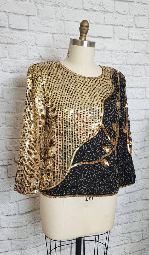 80s Silk Blouse, Beaded Sequin Shirt, embellished… - image 3