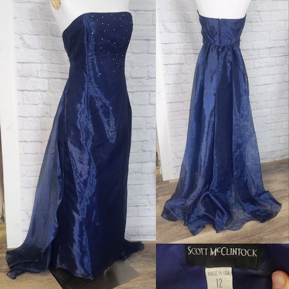 90s Column Gown Strapless Organza Rhinestone Fishtail Train Prom Dress Formal Scott Mcclintock Gown Pencil Navy Blue Etsy Canada